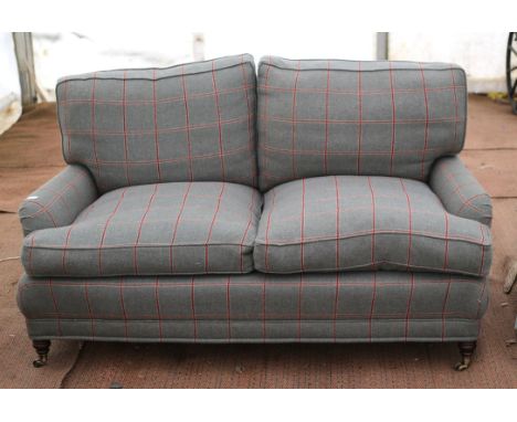 Howard & Son style two seat sofa, by Whitehead (Grosvenor), in grey and red chequer wool fabric, on turned legs and brass cas