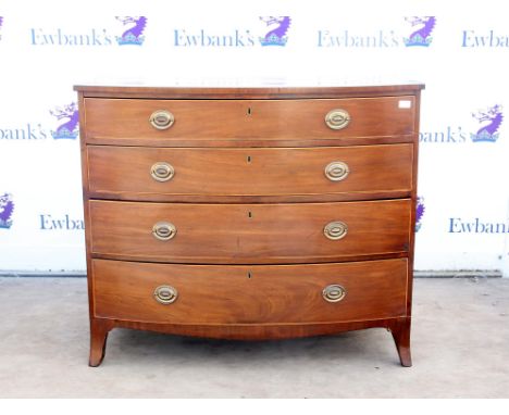 19th century mahogany bow fronted chest of four long graduated drawers on slightly splayed bracket feet,