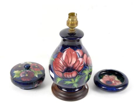 Moorcroft "Clematis" Table Lamp H22cm on wooden base, "Pansy" covered pot 11cm dia. and an "Anemone" small bowl 11cm dia.