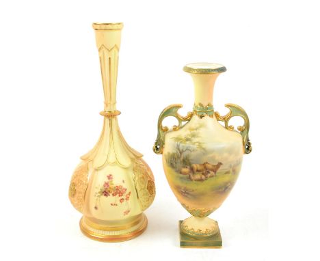 Royal Worcester blush ivory porcelain bottle vases, shape number 859 and a Royal China Works Worcester vase shape 946 painted