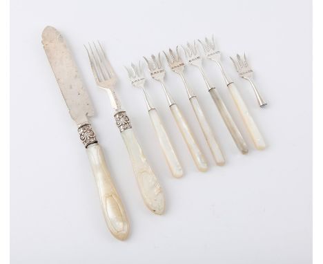 Set of six silver pickle forks with mother of pearl handles by Henry Wilkinson, Sheffield 1895 and a silver bladed knife and 