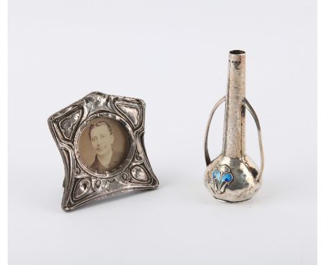 Art Nouveau silver and enamel two handled vase by James Fenton, Birmingham 1906 and an art Nouveau silver photo frame, Birmin