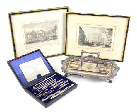 Late Victorian silver plated presentation inkstand, cased draughtsmans set and three frames prints