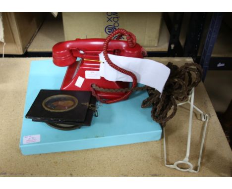 Royal Commemorative plate for the Queens 80th Birthday 94/1000, red telephone and three portrait miniatures,Condition Report: