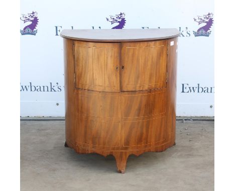 19th century mahogany bow-fronted converted cupboard with line inlaid decoration on bracket feet,