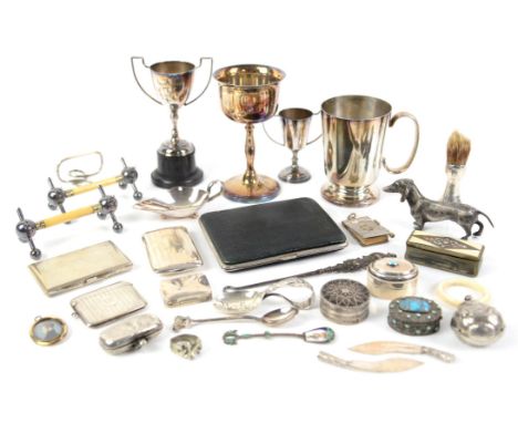 Two silver pocket cigarette cases, a silver Vesta case, a sovereign case, other small silver collectables, silver plated gobl