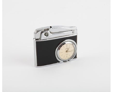 Buler lighter, a lighter and watch combination, watch with cream dial and baton hour markers, in black enamel, 5.5 x 4.8cmCon