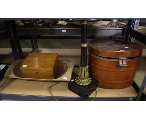 Brass and black metal table lamp, a tin travel case, large timber bowl and a sewing box