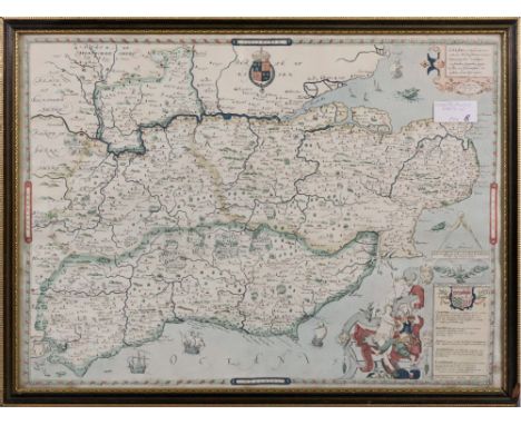 After Christopher Saxton, a reproduction print of a map of Kent, 41 x 56cm, together with another of Suffolke, 32 x 43cm and 