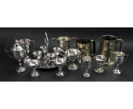 A collection of electroplate tennis and golf trophies, a mug inscribed 'Chota Nagpur Light Horse Mounted Tug-of war....' and 