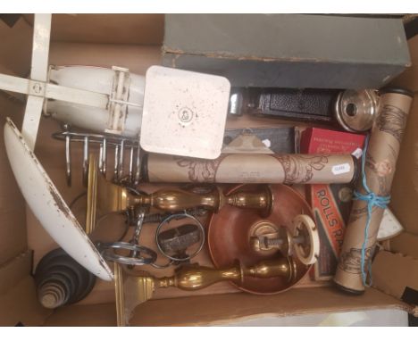 A collection of mixed metalware items to include Roll's Razor, Ever Ready Stropping machine, vintage cameras, scales, clocks 