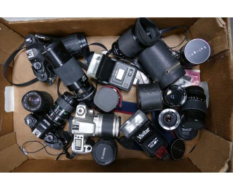 A collection of vintage 35mm Camera Equipment to include Cosina C1 ( cosina 70-210mm lens), Vivitar V2000 (28-70mm), Canon Eo