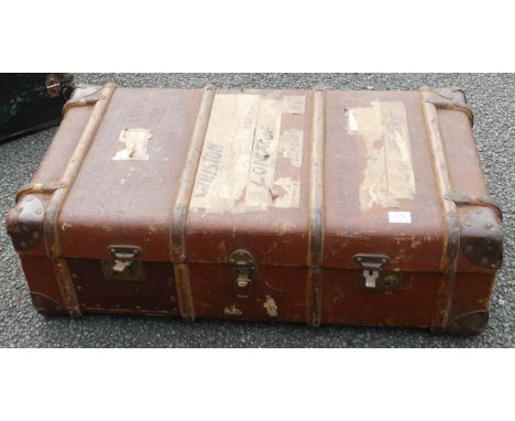 Vintage Brass Locking Travel Trunk, contents includes a quantity of medical sketches length 90cm 