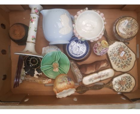 A mixed collection of items to include Border Fine Arts figure, Sylvac ashtray, ladies dressing table set etc (1 tray). 