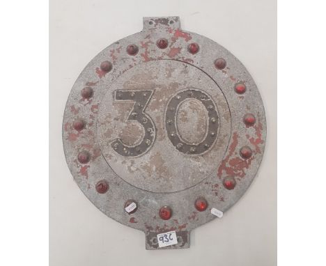 Vintage railway/transport sign with refective 'marbles' to the border, 52cm in height. 