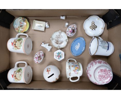 A mixed collection of items to include Royal Doulton Bunnykins twin handled mug and money box, Doulton hunting scene pin dish