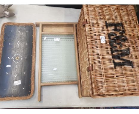 A mixed collection of items to include a F&amp;M picnic hamper, wooden framed glass wash-board and a rattan bordered curved i