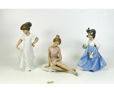 Three Nao figurines to include ballerina, girl in white dress and blue dress ( hand broken of but present) (3) 