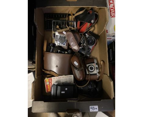 A collection of vintage cameras to include Kodak and Practika examples, cased pair of binoculas and 2 vintage abacusses (1 tr
