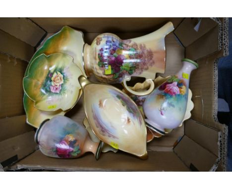 Crown Devon Lady Hamilton dishes together with two rose patterned vases ( 1 A/F), and fruit patterned bowl, jug and dish. Mos