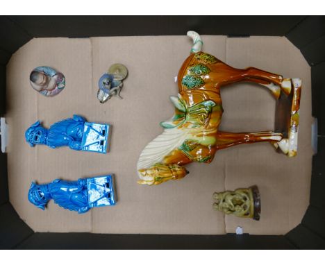 Tang glazed pottery style horse together with Pair of Chinese turquoise blue mid century foo dog figures etc ( 1 tray) 