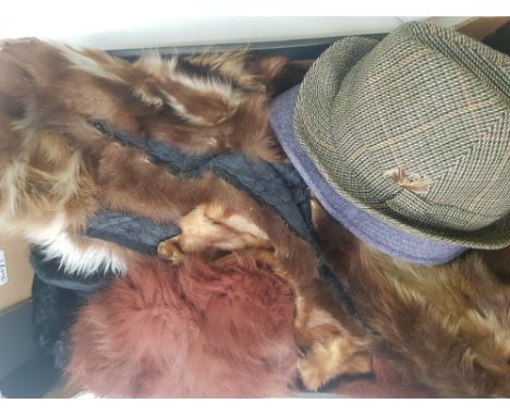 A mixed collection of vintage hats, fur remnants and faux fur items (1 tray). 
