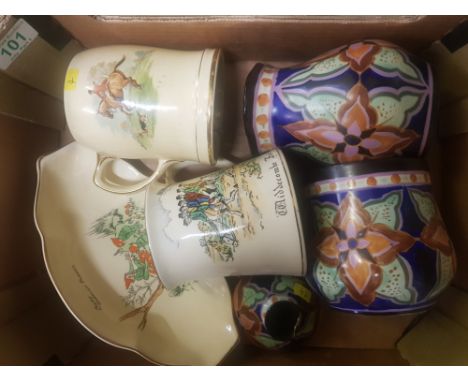 Crown Devon items to include Delph vases (1 A/F), Widdecombe tankard, Pixie dish and a unmarked musical hunting scene tankard