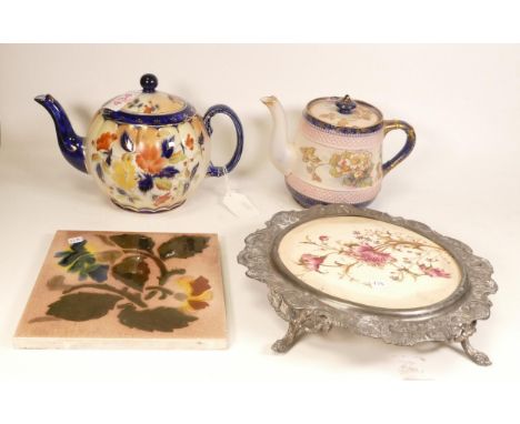 A collection of Carlton Blush ware including 2 Teapots, Stand and Tile with floral decoration, by Wiltshaw &amp; Robinson, c1