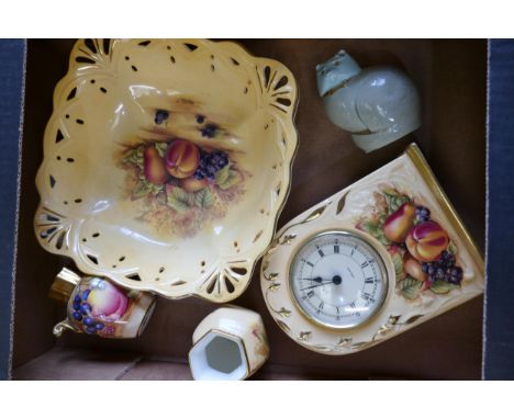 A Collection of Aynsley Orchard Gold Patterned  items to include Mantle Clock, Reticulated Bowl small vases etc together with