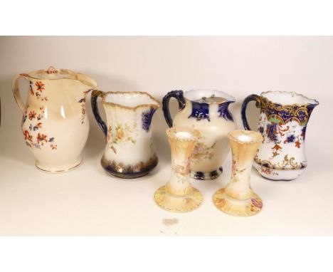 A collection Carlton Blush ware Various jugs, candlesticks etc with floral decoration, by Wiltshaw &amp; Robinson, c1900, tal