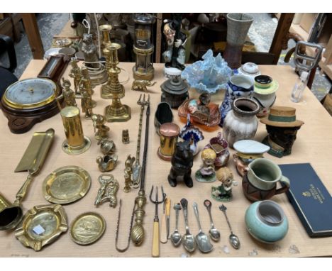 A Thomas and Williams brass and steel miners lamp together with brass candlesticks, other brasswares, barometer, electroplate