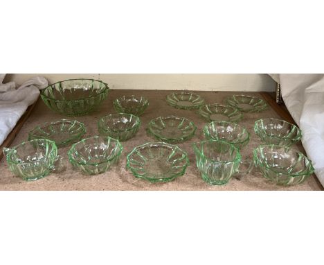 A uranium glass dessert set comprising a large bowl, six bowls and saucers, cream jug &amp; sugar basin