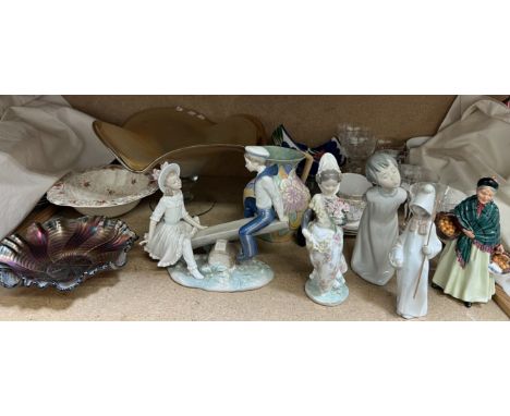 Lladro figures together with a Nao figure, Royal Doulton figure, champagne glasses, carnival glass etc 