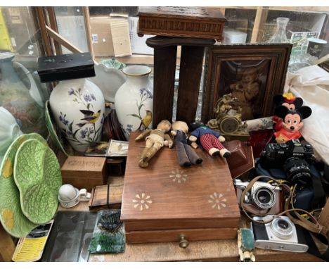 A Crystoleum of a young girl and a puppy together with a gilt metal mantle clock, Nikon camera, two other cameras, soft toys,