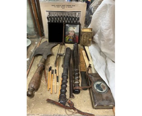 Truncheons together with a portrait miniature, team photograph of the South African Rugby Touring Team to Great Britain &amp;