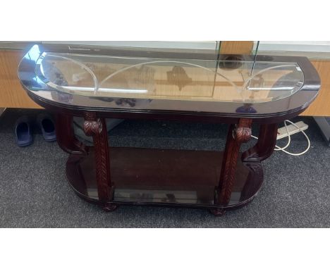 Two tier wooden console table with engraved glass insert measures approx 19 inches deep by 15 long and 29 tall 