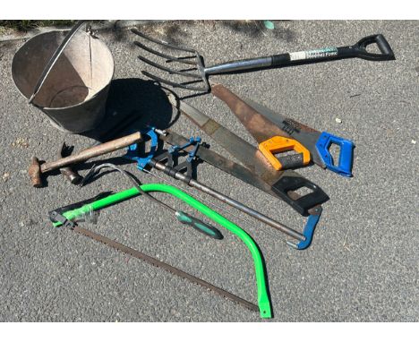 Selection of tools to include forks, saws, hammers etc 