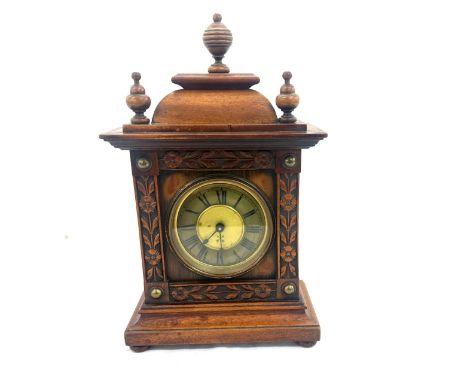 Antique mahogany wind up mantel clock measures approx 14 inches tall by 8 wide 