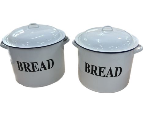 Two vintage enamel bread bins overall height 12 inches 
