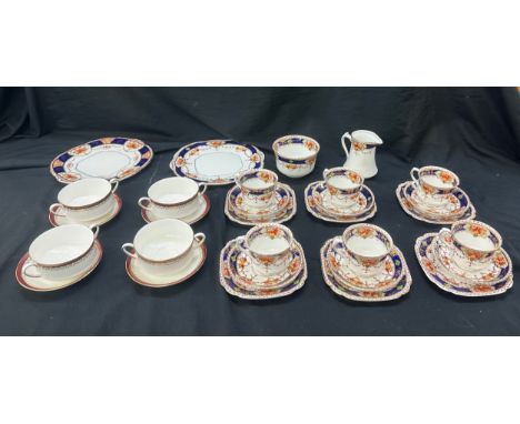 4 Duo sets of holywood china and 6 cups and saucers, 6 side plates, 2 cake plates cream jug and sugar bowl by Lawleys of Rege