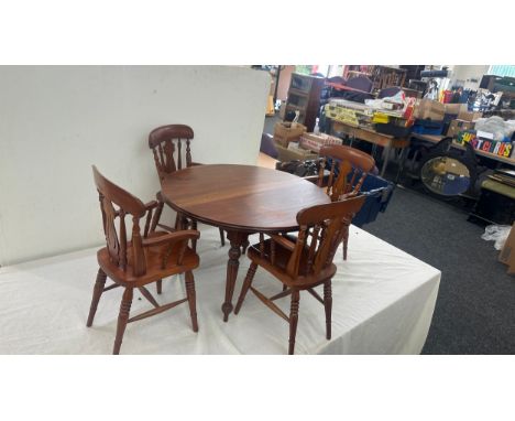 Vintage miniature mahogany table and four chairs- table measures approx diameter 21 inches by 14 tall 
