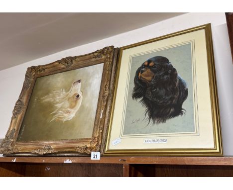 Gilt framed oil on canvas and a print both depicting a dog largest measures approximately 25 inches tall 21 inches long 