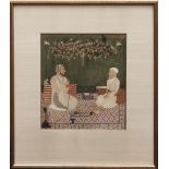 India, a miniature painting of two figures in a garden, 19th century or earlier;