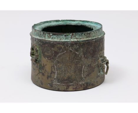 Khurasan silver inlaid bronze with silver inlay inkwell, davat, late 12th - early 13th century with decoration of three panel