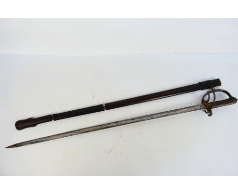 A British 1821 pattern artillery sword, with three bar hilt with stepped pommel, 86 cm (l) etched blade with leather clad sca