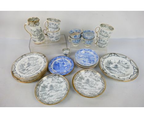 Royal China Works Worcester (Grainger & Co) Willow pattern in grey, 15 pieces and a quantity of similar blue and white. [W]
N