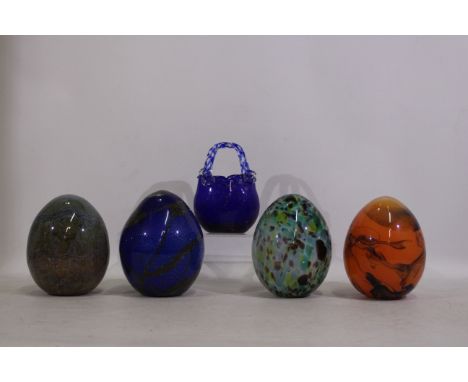 4 x unique egg-shaped glass items with interesting patterns. Colours include orange, grey, green, dark blue. Orange-coloured 