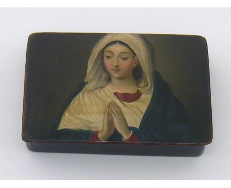 A 19th Century Continental lacquer snuff box, probably German, painted with the Virgin at prayer, 9.3 cm. long
 CONDITION REP