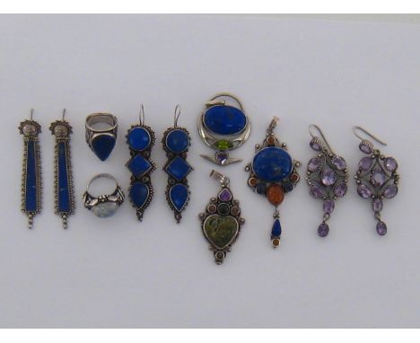 A mixed lot of silver mounted hardstone jewellery, to include a pair of lapis and ruby earrings, another pair of lapis earrin