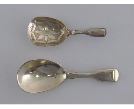 Two George IV silver caddy spoons, one fiddle pattern, WB, probably William Bainbridge, London, 1827, one bright cut, John Tu